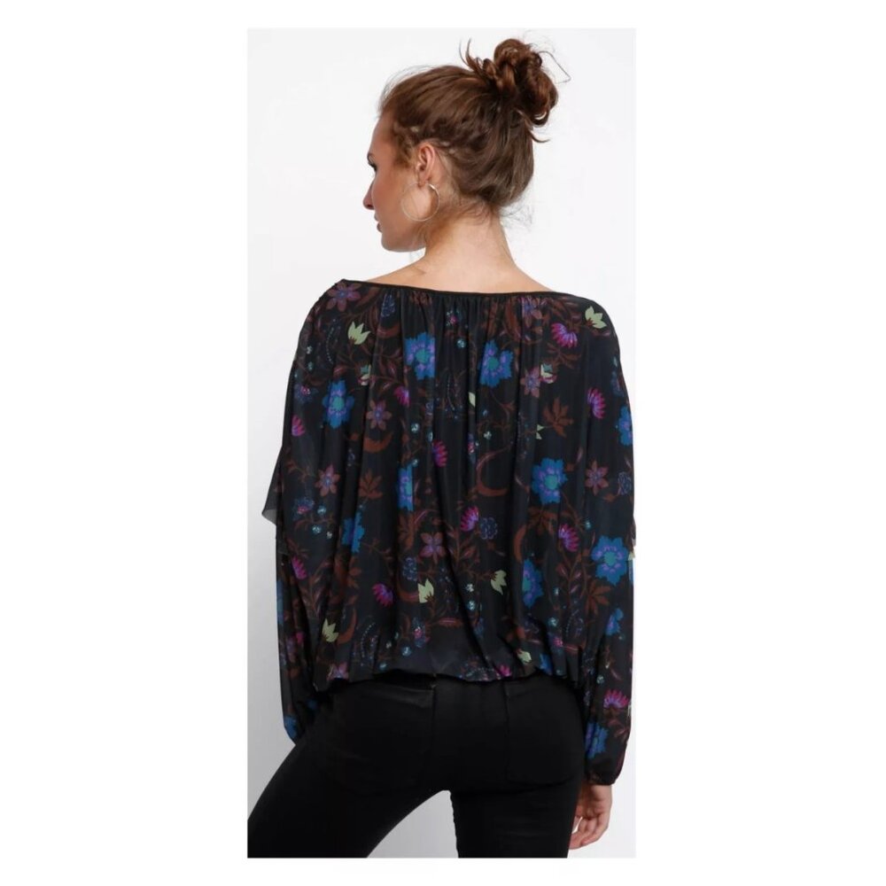 !! Free People Black Wildflower Honey Floral Long Sleeve Lined Mesh Top - Picture 2 of 8